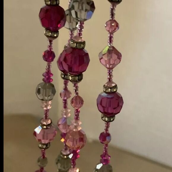 Vtg Vendome 2 Strand Aurora Borealis Pinks & Smoke Crystal 22-24" Necklace Set - Picture 2 of 13
